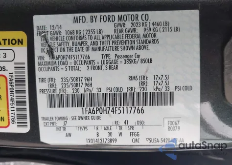 2015 Ford Fusion Se из США, поврежденный, VIN 1FA6P0H74F5117766
